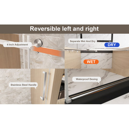 Frameless Single sliding shower door 56-60 "W x 76" H, 1/4 "(6 mm) Clear Tempered Glass, Explosion Proof Film, Stainless Steel Handle Square Tube Track Brushed Nickel