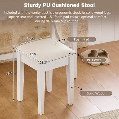 White Compact Vanity Table Set with Reversible Adjustable Mirror, 5 Drawer Storage & PU Cushioned Stool