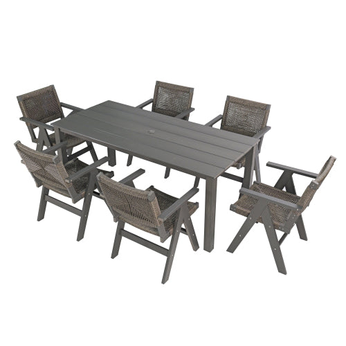 A wooden-textured imitation wood dining table, simple yet with a high quality feel. It has a small tabletop and is perfect for outdoor picnics. Charcoal gray, 68.9 inches.