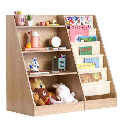 4-Tier Wooden Kids Bookshelf with Sling Book Rack for Playroom