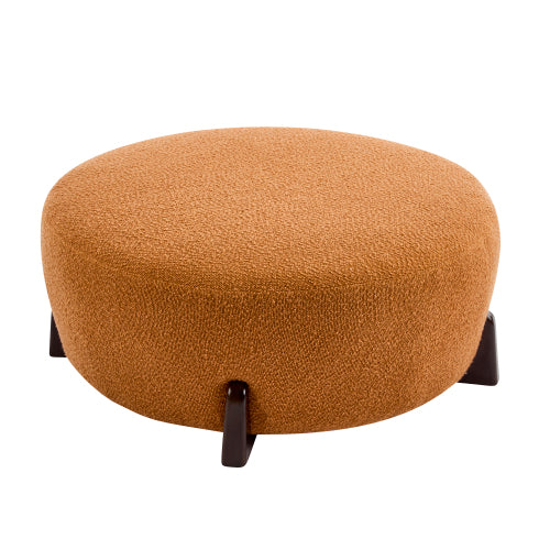 Round Boucle Ottoman, Pumpkin Orange Upholstered Footrest with Splayed Rubber Wood Legs, Multi-Scene Accent Stool