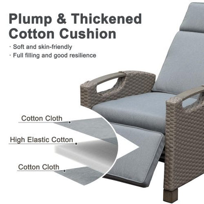 Outdoor Recliner Chair, Patio Recliner with Hand-Woven Wicker, Flip Table Push Back, Adjustable Angle, Thickness Cushions, Reclining Lounge Chair for Indoor and Outdoor, Gray