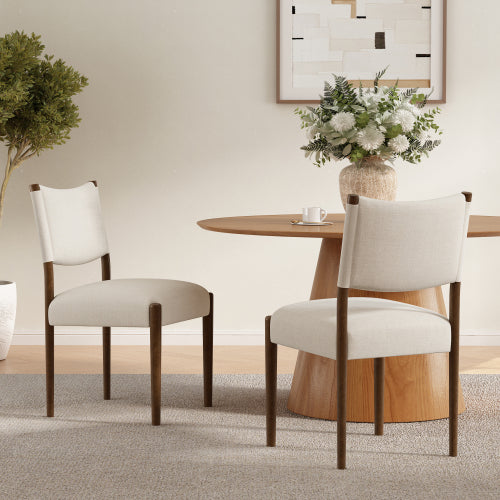 Set of 2 Walnut Beige Fabric Dining Chairs, Solid Rubber Wood Legs 300 LBS Capacity