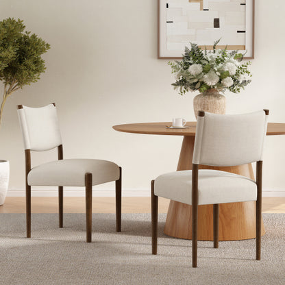 Set of 2 Walnut Beige Fabric Dining Chairs, Solid Rubber Wood Legs 300 LBS Capacity