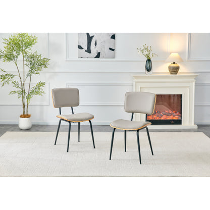 Mid-Century Faux Leather Dining Chairs Set of 2, Walnut Veneer Backrest & Metal Legs, Light Gray