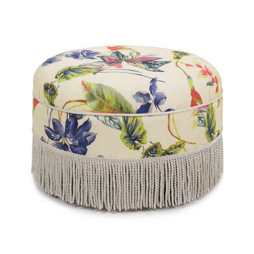 24 inch Round Upholstered Accent Ottoman, Beige Tropical Floral Woven Fabric Ottoman with Bullion Fringe