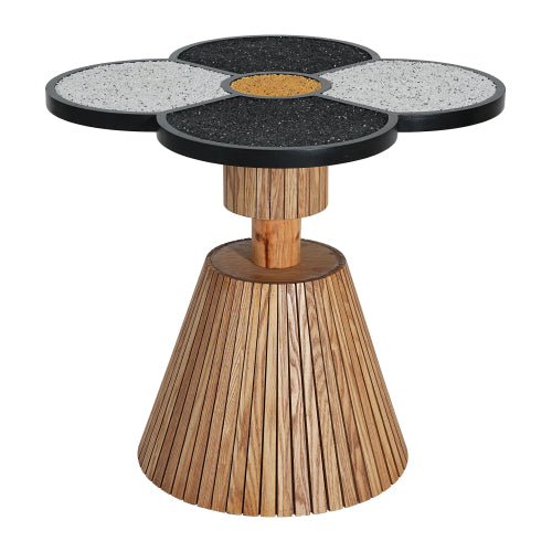 Four-Leaf Clover Decorative Side Table, Stone Texture Top Wood-Grain Base Accent Table
