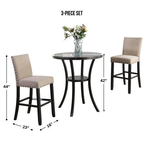 3-Piece 36inch  Round Espresso Finish Bar Table with 2 Tan Fabric Nail Head Pub Chairs