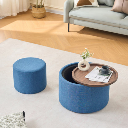 Blue 2-Piece Linen Nesting Storage Ottoman Set, Round Foot Stool with Wood Tray, Fully Assembled 396 LBS