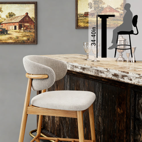 Solid Ash Wood Counter Stools with Upholstered Seats, Set of 2, Oak