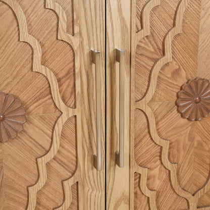 Natural Wood Carved Flower Door Large Storage Cabinet Metal Handle Household Multi-Scene Practical Sideboard Cabinet
