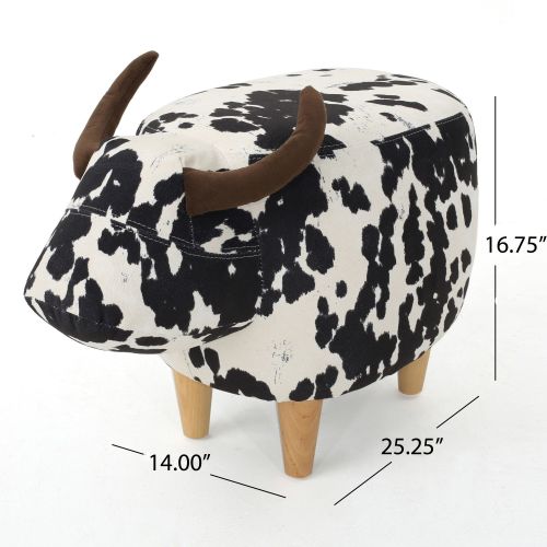 Black & White Cow Shaped Animal Ottoman, Fabric Footstool with Velvet Horns & Natural Birch Legs for Indoor & Outdoor Decor