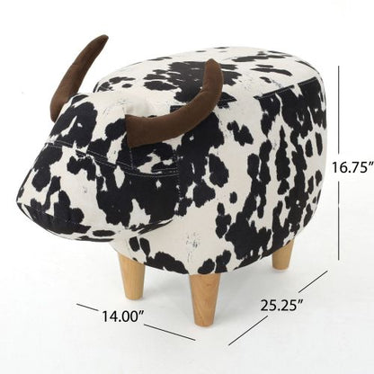 Black & White Cow Shaped Animal Ottoman, Fabric Footstool with Velvet Horns & Natural Birch Legs for Indoor & Outdoor Decor