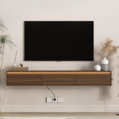 Wall Mount Floating High Gloss TV Cabinet with Touch LED Light Strip & Cable Holes for Living Room