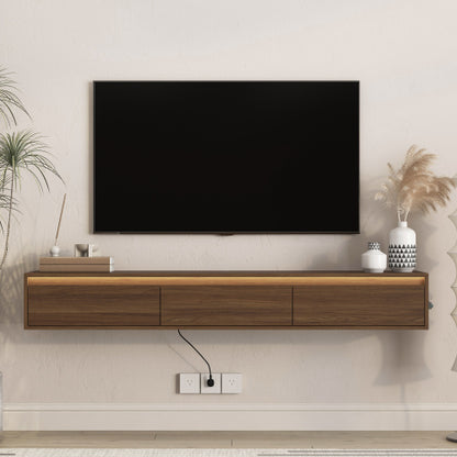 Wall Mount Floating High Gloss TV Cabinet with Touch LED Light Strip & Cable Holes for Living Room