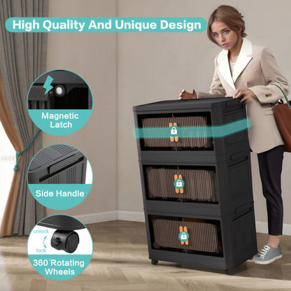 Folding Storage Cabinet with Wheels 5 Tier Collapsible Organizer Black