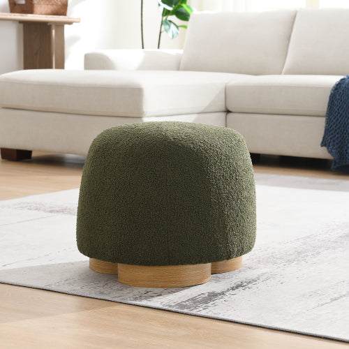 20 inch Olive Green Cobblestone Round Ottoman, Fully Assembled Fabric Footstool, Metal Decor Strip, 300 LBS