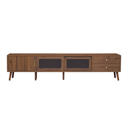 76 Inch Modern TV Stand with Glass Doors Wood Grain Media Console
