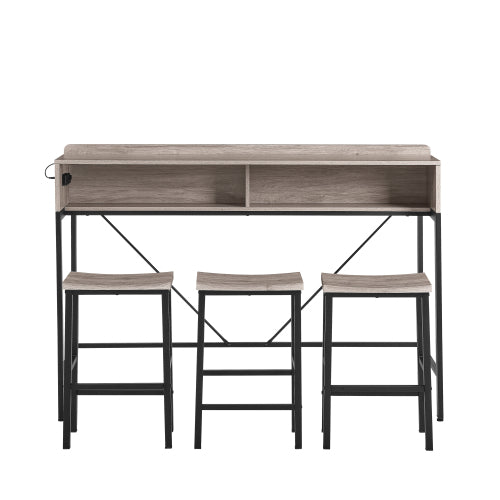 4-Piece 59inch  Bar Table Set with LED & Outlet, MDF Table & 3 Saddle Stools