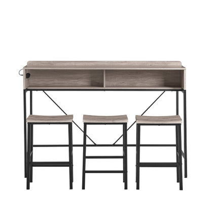 4-Piece 59inch  Bar Table Set with LED & Outlet, MDF Table & 3 Saddle Stools
