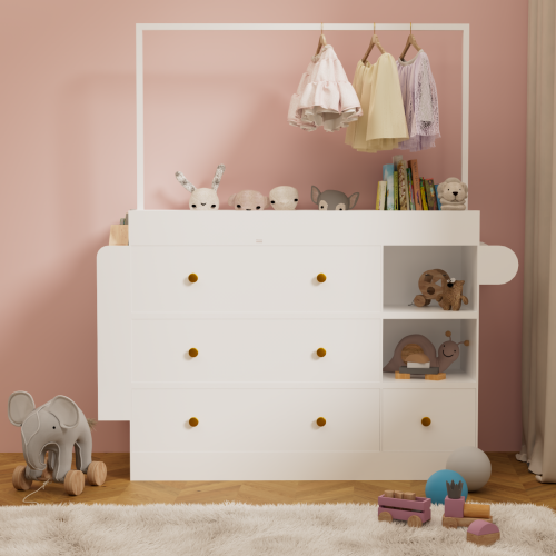 Modern Table Dresser,Baby Dressing Table with 3 extra deep Drawers and Storage Shelves and Hangers, Multi-Functional Baby Changing Table with Drying Rack for Nursery, White