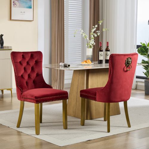 Mid-Century Modern Velvet Dining Chairs Set of 2 with Lion Head Pull Ring, Tufted Upholstered Chair, Wine Red