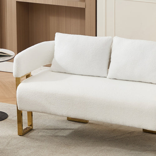 White Teddy-Fleece Decorative Side Accent Chair with Polished Gold-Metal Legs for Dressing-Area Reception-Room Office