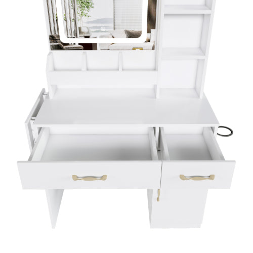 Vanity Desk with LED Mirror Lights and Power Outlet Charging Station, Makeup Dressing Table with 3 Drawers, 7 Shelves and Storage Stool, for Girls and Women (White)