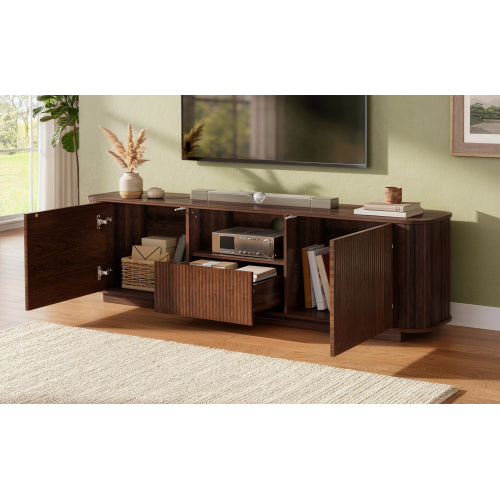 70 inch Modern TV Stand for TVs Up to 80 inch, Wood Grain Media Console with Storage, Curved Corners
