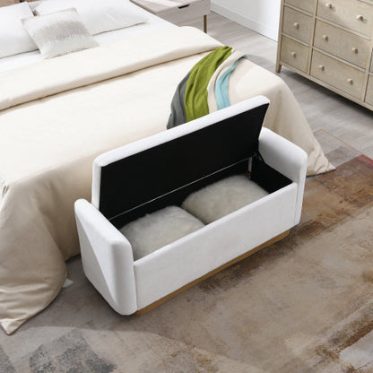 49 Inch Beige Storage Ottoman Bench, Chenille Upholstered Entry Bench with Safety Hinge, 350 LBS Capacity Wood & Gold Metal Frame