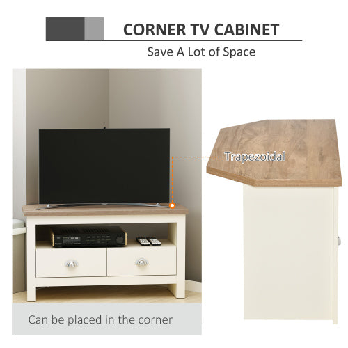 37.5 Inch White Trapezoidal Corner TV Stand for 50 Inch TV with Drawers & Open Compartment