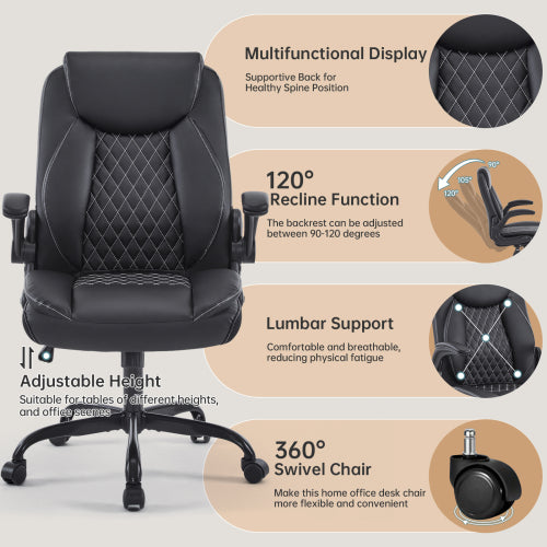 Leather Office Ergonomic Home Office Desk Chair, Back Support Swivel Executive Office Chair with Wheels and Flip-Up Armrests, Small Gaming Chair with Adjustable Rocking Function, Black