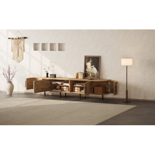 70.8 inch Natural Wood 4-Door PE Rattan TV Stand Iron Leg Media Console For 80 Inch TV