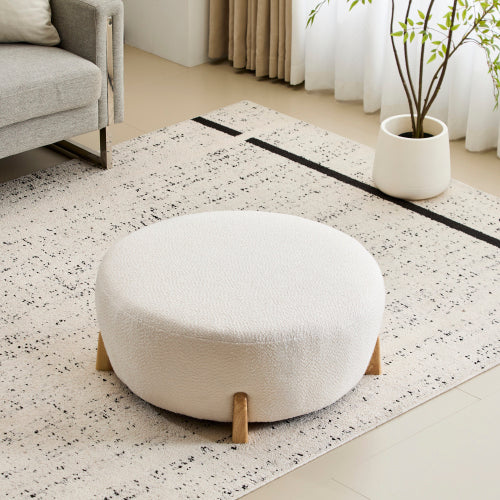 Round Boucle Ottoman, White Upholstered Footrest with Splayed Solid Rubber Wood Legs, Multifunctional Accent Stool