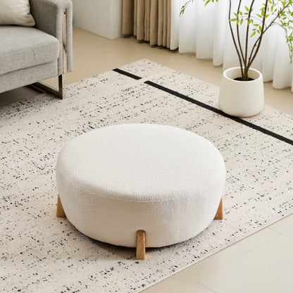Round Boucle Ottoman, White Upholstered Footrest with Splayed Solid Rubber Wood Legs, Multifunctional Accent Stool