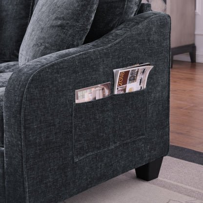 Black 2-Seater Irregular Curved Sofa Chaise, Storage Footrest,2 Throw Pillows