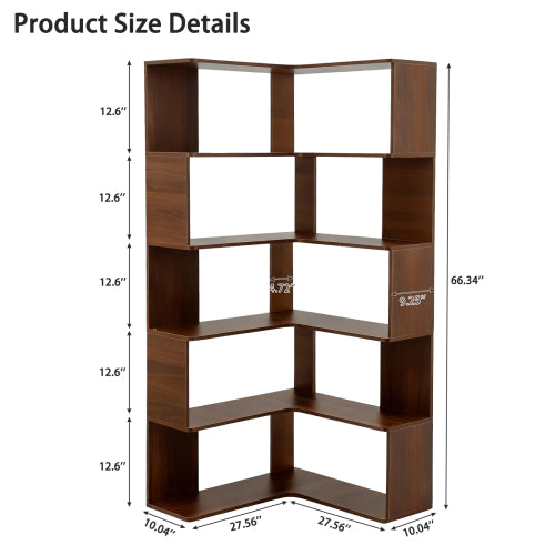 66-Inch 6-Tier Corner Bookshelf L-Shaped Open Storage Walnut