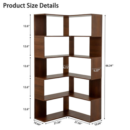 66-Inch 6-Tier Corner Bookshelf L-Shaped Open Storage Walnut
