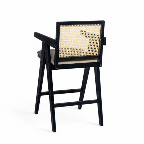 27inch Height, Cream Grey Woven Cane Plastic Backrest Bar Stool - Foam-Padded Fabric Seat & Durable Rubberwood Frame