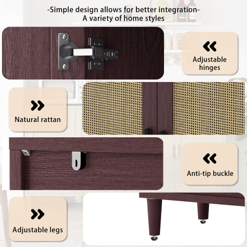70 Inch Brown Rattan Four-Door Sideboard MDF Solid Wood Leg Adjustable Shelf Easy Assembly Home Storage Cabinet