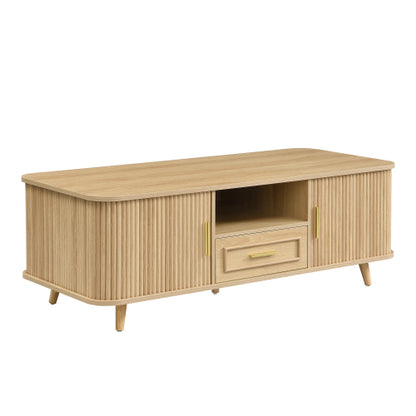 Mid-Century Modern Natural Wood Coffee Table with Tambour Doors & Multi Storage Compartments