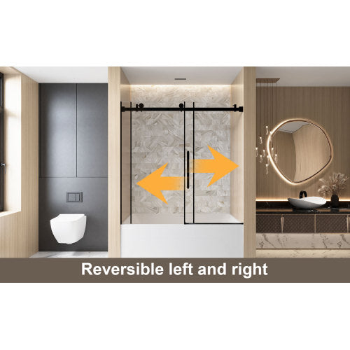 Frameless Single sliding shower door 56-60 "W x 60" H, 1/4 "(6 mm) Clear Tempered Glass, Explosion Proof Film, Stainless Steel Handle,Square Tube Track ,Matte Black
