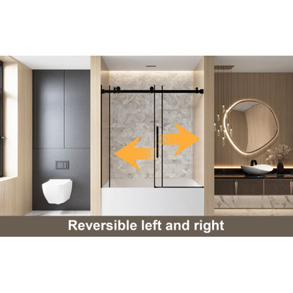 Frameless Single sliding shower door 56-60 "W x 60" H, 1/4 "(6 mm) Clear Tempered Glass, Explosion Proof Film, Stainless Steel Handle,Square Tube Track ,Matte Black