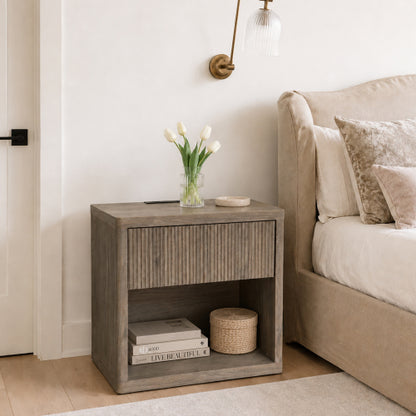 Grey Alder Large Fluted Nightstand, EPA Certified Wood Mid-Century Bedside Table with Drawer & Open Space