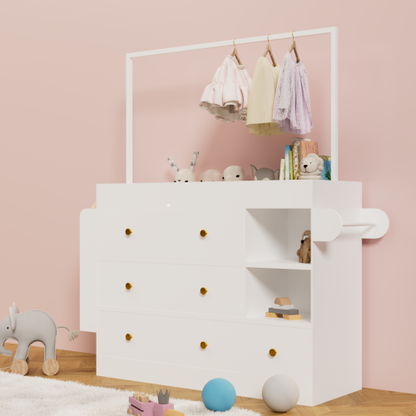 Modern Table Dresser,Baby Dressing Table with 3 extra deep Drawers and Storage Shelves and Hangers, Multi-Functional Baby Changing Table with Drying Rack for Nursery, White
