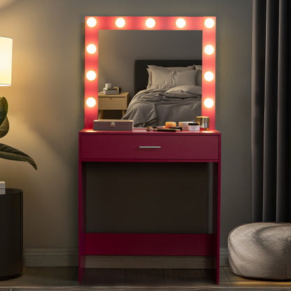 Pink Vanity Desk with Mirror and Lights, 11 LED Bulbs, Large Drawer, 3 Lighting Modes, Bedroom