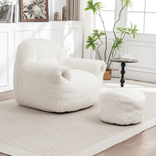 White Faux-Fur Bean Bag Sofa Chair with Back Support & Matching Footstool