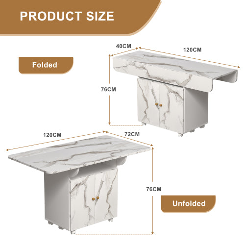 Folding Dining Table with Storage Cabinet Wheels and Marble Finish White