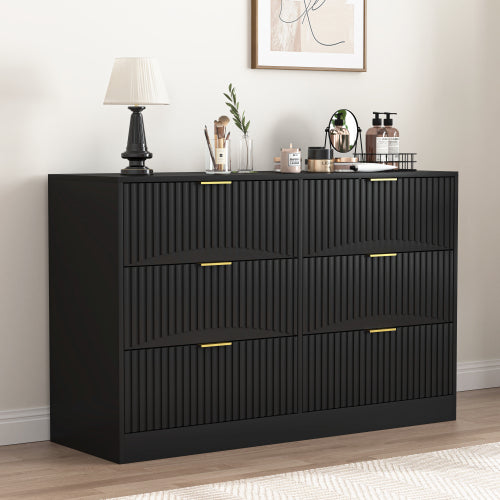 Modern 6-Drawer Dresser, Chest of Drawers for Bedroom, Living Room, Hallway, and Entryway - Large Storage Cabinet, Black,Drawer panel with wavy patterns