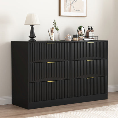 Modern 6-Drawer Dresser, Chest of Drawers for Bedroom, Living Room, Hallway, and Entryway - Large Storage Cabinet, Black,Drawer panel with wavy patterns